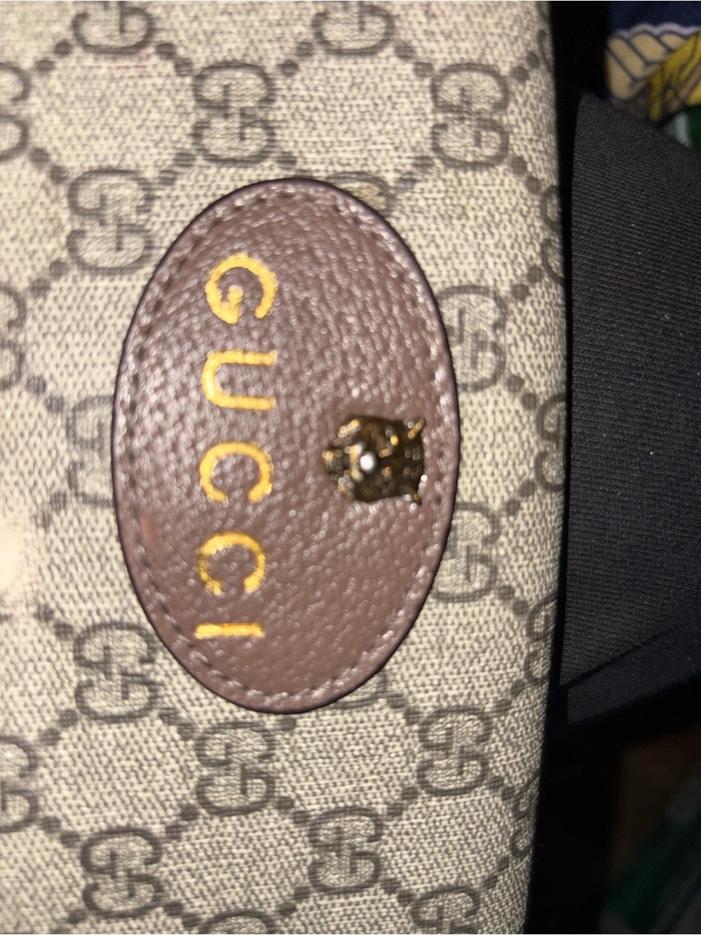 Gucci Beige Monogram Canvas Brown Leather Oval Logo Patch with Gold Lettering